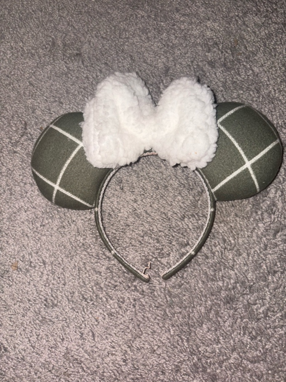 Disney Olive Green Plaid Minnie Ear Headband with White Bow